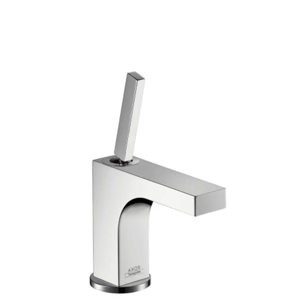 Ein AXOR-Waschtischmischer mit einem rechteckigen Griff und einem modernen Design, geeignet für Handwaschbecken, in verchromter Ausführung.